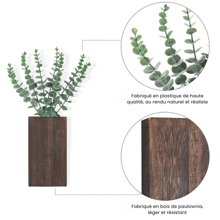 Vase Mural Rustique en Bois Foncé Décoratif avec Eucalyptus Artificiel Inclus