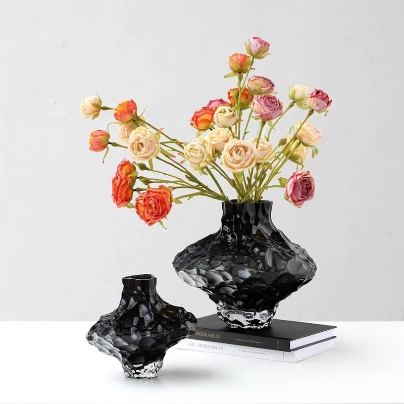 Vase à Fleurs en Verre Transparent | Design Géométrique Vert Émeraude et Effet Pierre Sculptée