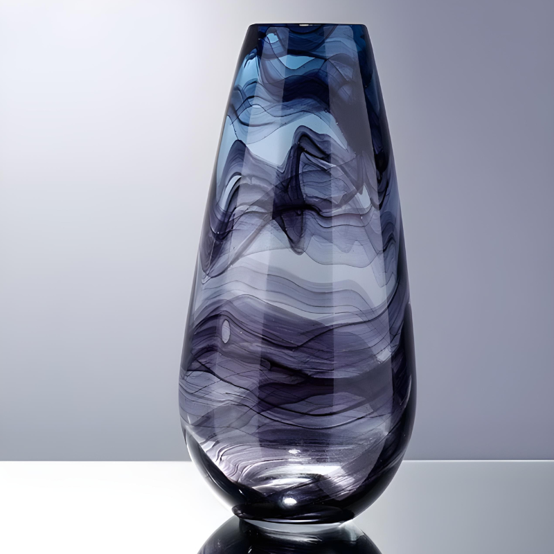 Grand Vase en Verre Transparent à Ondulations Bleutées | Design Décoratif Luxe et Moderne