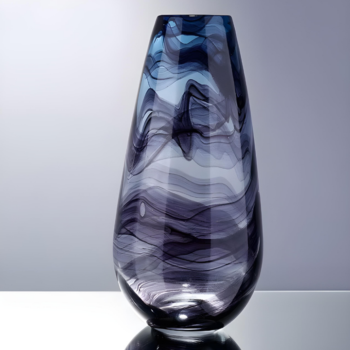 Grand Vase en Verre Transparent à Ondulations Bleutées | Design Décoratif Luxe et Moderne