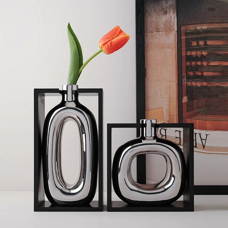 Vase à Fleurs Moderne en Céramique | Design Cadre Argenté Décoratif