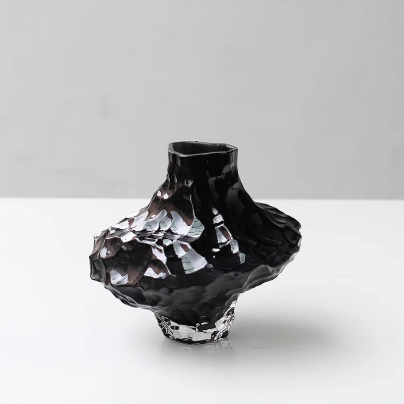 Vase à Fleurs en Verre Transparent | Design Géométrique Vert Émeraude et Effet Pierre Sculptée