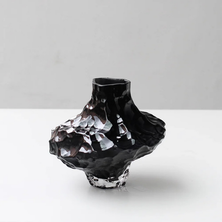 Vase à Fleurs en Verre Transparent | Design Géométrique Vert Émeraude et Effet Pierre Sculptée