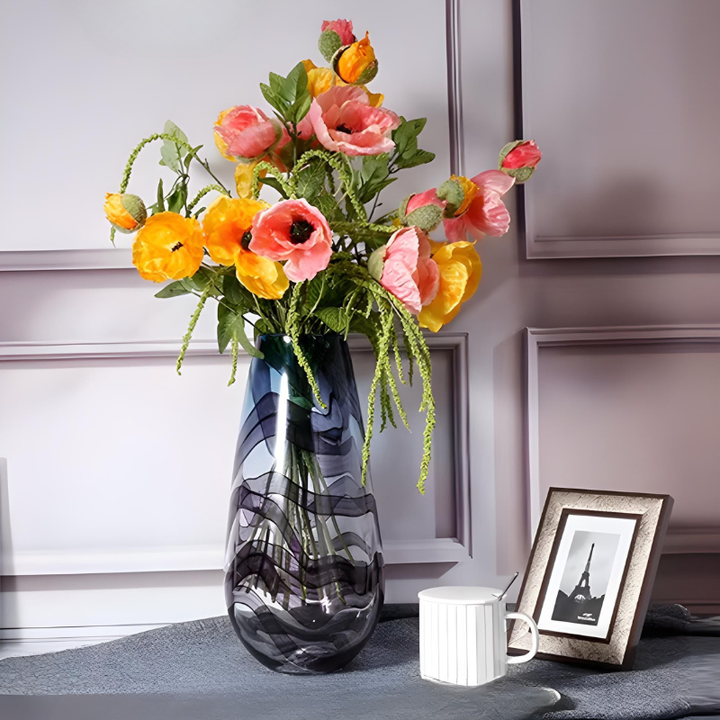 Grand Vase en Verre Transparent à Ondulations Bleutées | Design Décoratif Luxe et Moderne