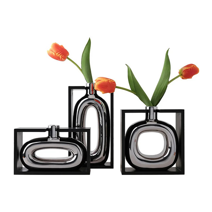 Vase à Fleurs Moderne en Céramique | Design Cadre Argenté Décoratif