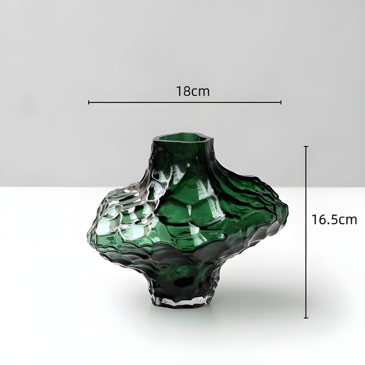 Vase à Fleurs en Verre Transparent | Design Géométrique Vert Émeraude et Effet Pierre Sculptée