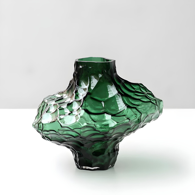 Vase à Fleurs en Verre Transparent | Design Géométrique Vert Émeraude et Effet Pierre Sculptée