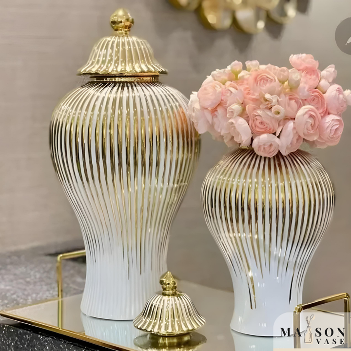 Vase Blanc Luxueux | Céramique Dorée et Élégant