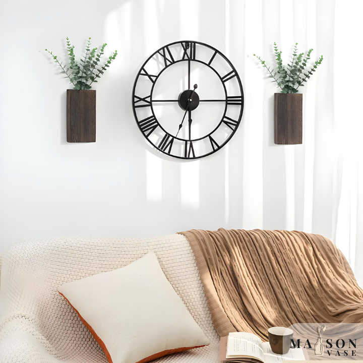 Vase Mural Rustique en Bois Foncé Décoratif avec Eucalyptus Artificiel Inclus