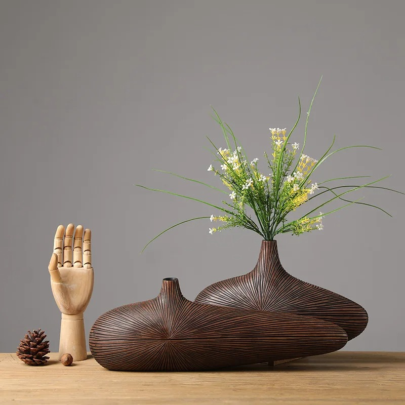 Vase à Fleurs Japonais Ovale Imitation Bois | Design Décoratif Moderne et Minimaliste