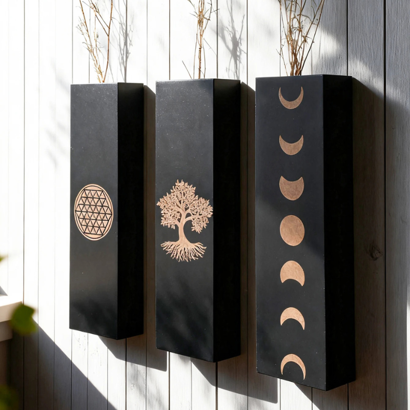 Vase à Fleurs Mural Bohème en Bois Noir | Design Minimaliste