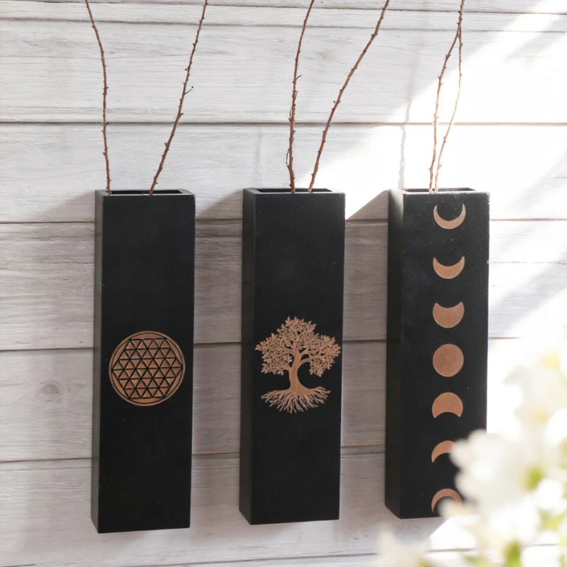 Vase à Fleurs Mural Bohème en Bois Noir | Design Minimaliste