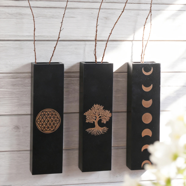 Vase à Fleurs Mural Bohème en Bois Noir | Design Minimaliste