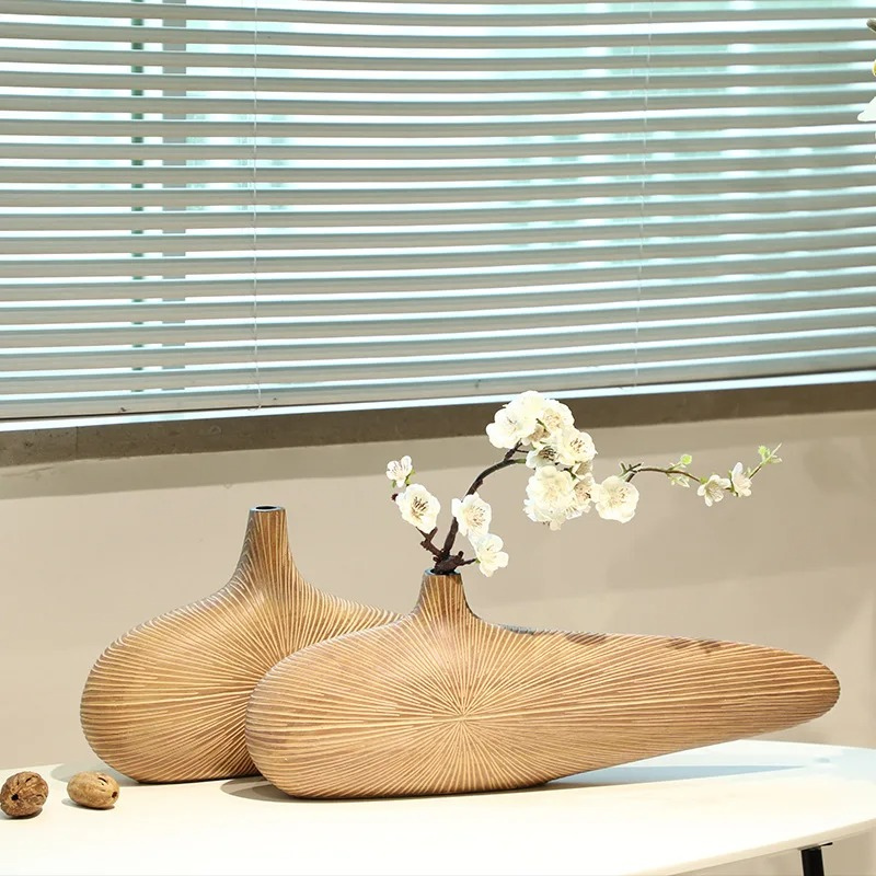 Vase à Fleurs Japonais Ovale Imitation Bois | Design Décoratif Moderne et Minimaliste