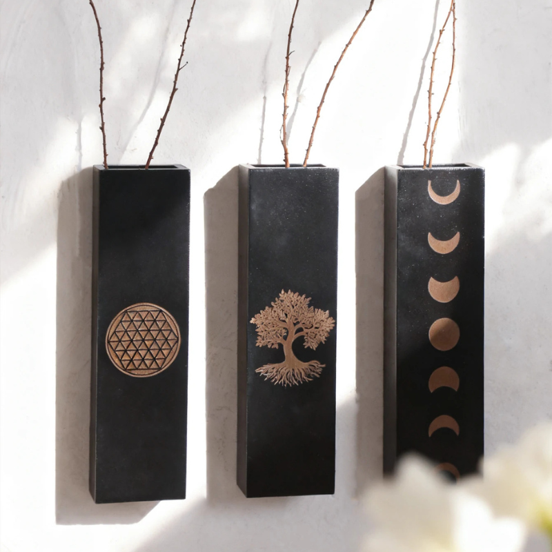 Vase à Fleurs Mural Bohème en Bois Noir | Design Minimaliste