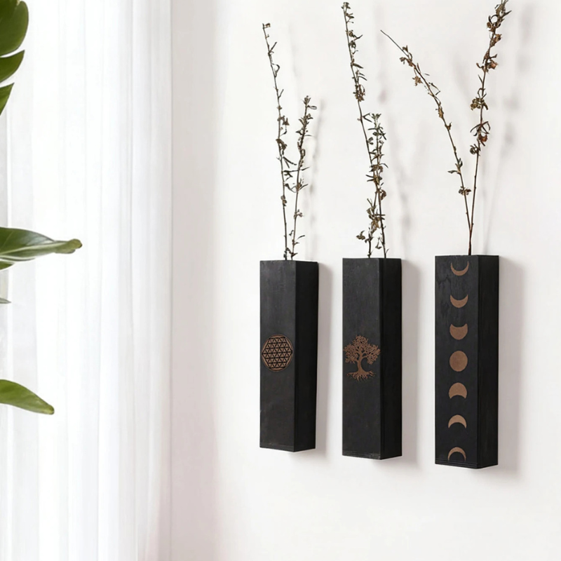 Vase à Fleurs Mural Bohème en Bois Noir | Design Minimaliste