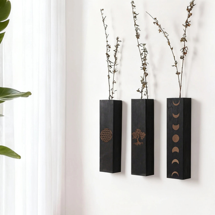 Vase à Fleurs Mural Bohème en Bois Noir | Design Minimaliste