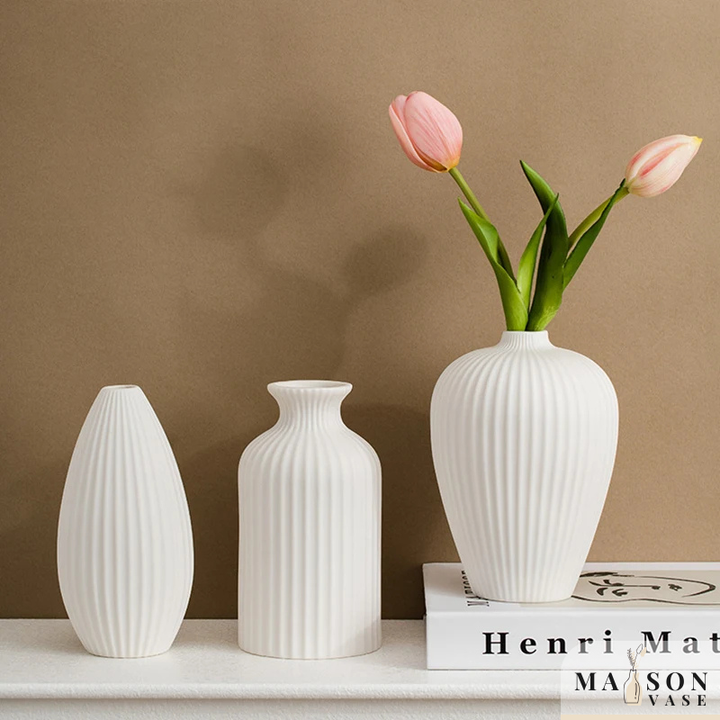 Vase à Fleurs Scandinave Blanc | Céramique Mate Rayée