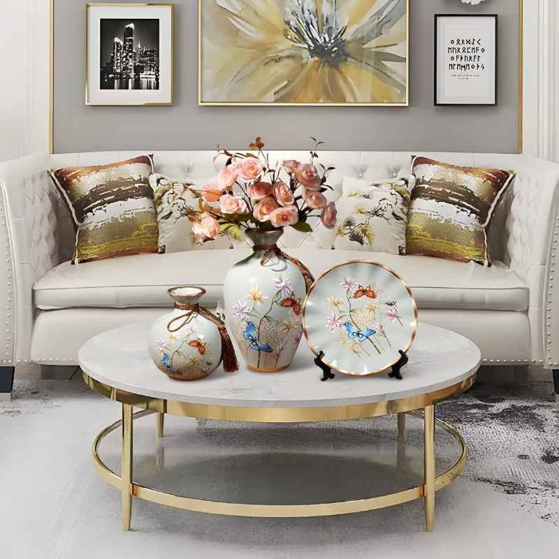 Ensemble de 2 Vases Décoratifs avec Élément Assorti – Céramique de Luxe, 3 Pièces