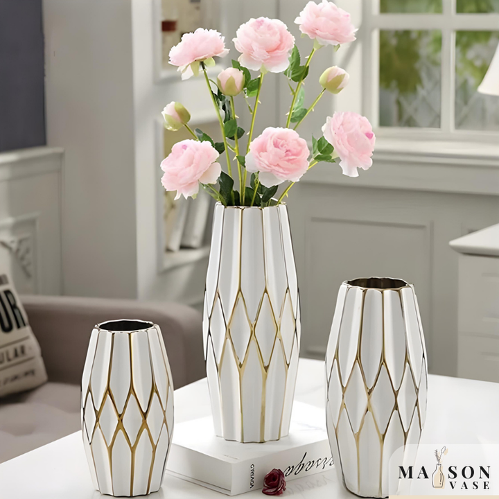 Vase à Fleurs Nordique Blanc | Céramique et Dorures Élégantes