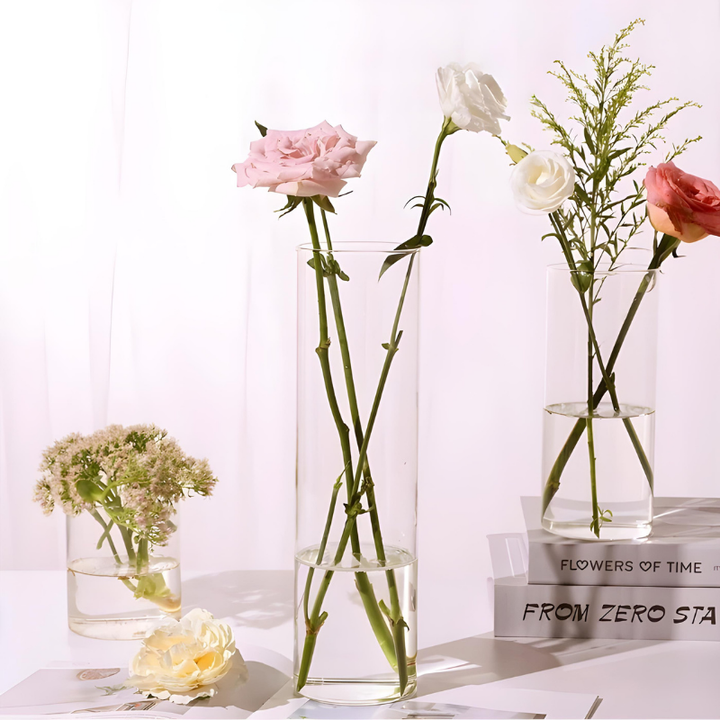 Vase Cylindrique Transparent en Verre | Design Minimaliste et Décoratif