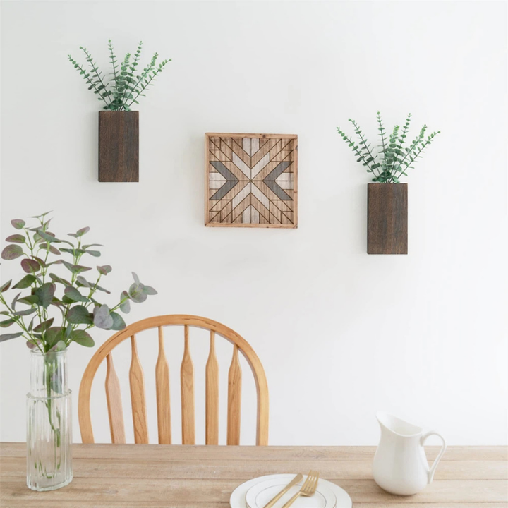 Vase Mural Rustique en Bois Foncé Décoratif avec Eucalyptus Artificiel Inclus