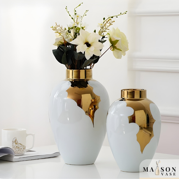 Vase à Fleurs Blanc et Doré | Élégance Moderne en Céramique