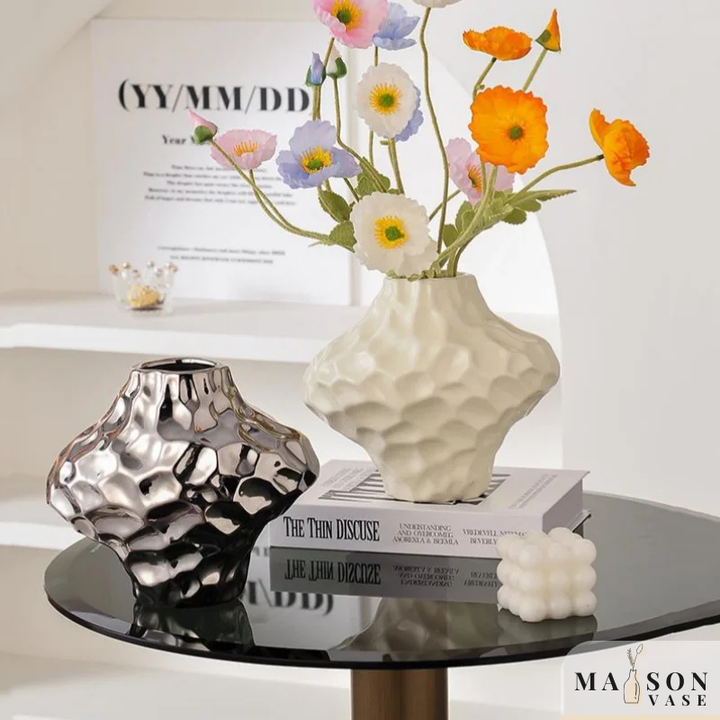 Vase à Fleurs Moderne Argenté Décoratif | Design Géométrique et Effet Martelé