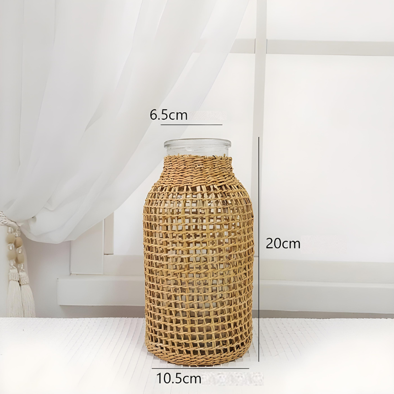 Petit Vase en Verre et Osier | Élégance Tressée Naturelle et Bohème