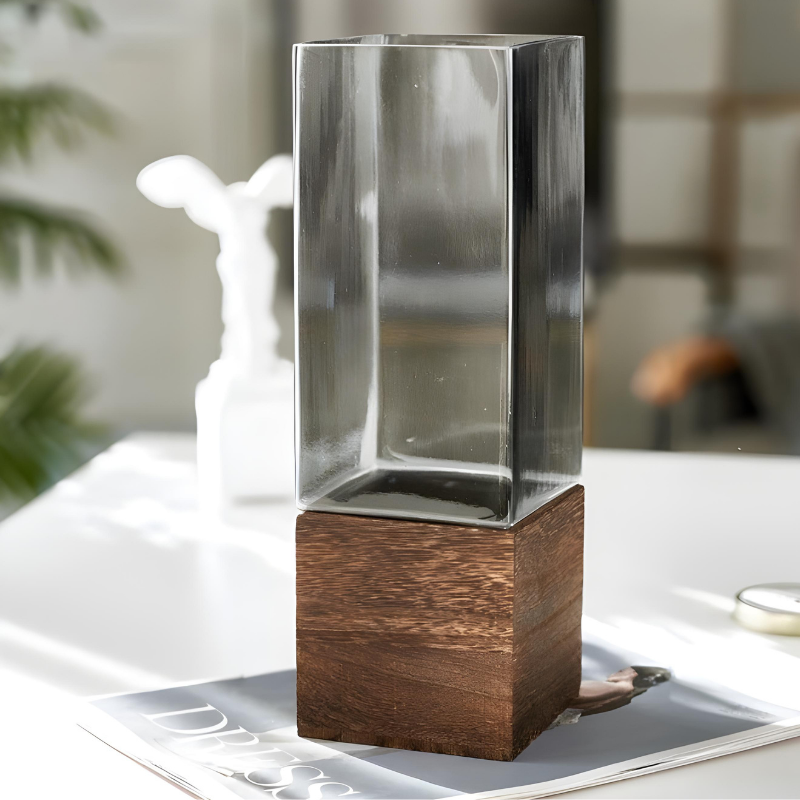 Vase Scandinave Transparent | Base Bois Naturel