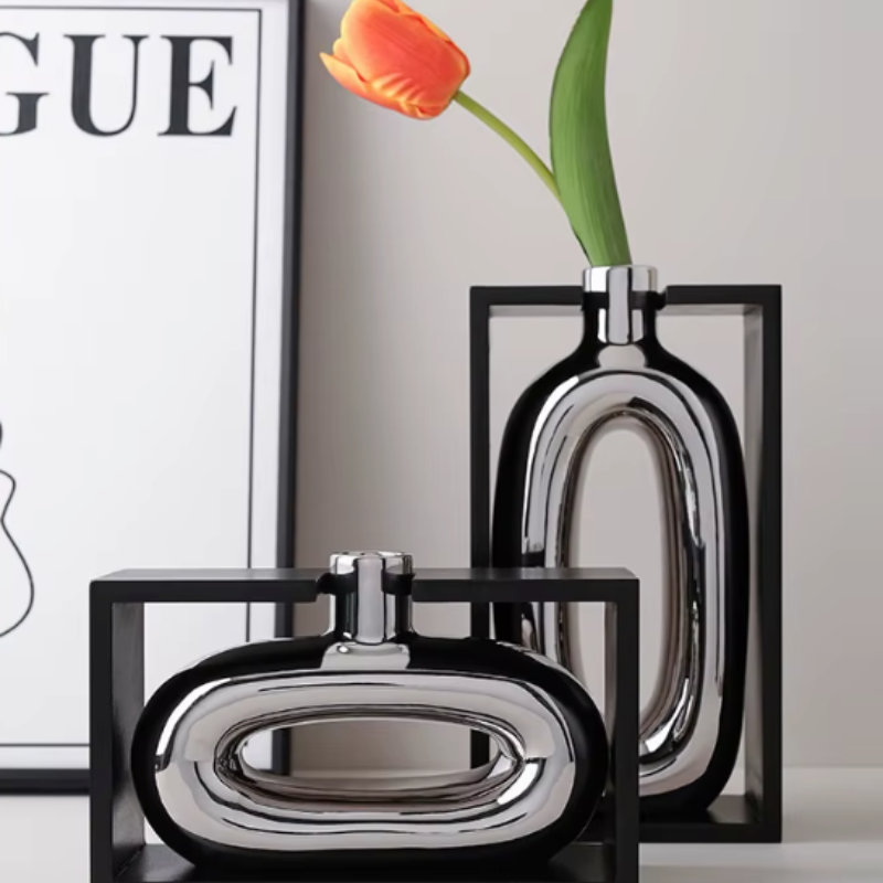 Vase à Fleurs Moderne en Céramique | Design Cadre Argenté Décoratif