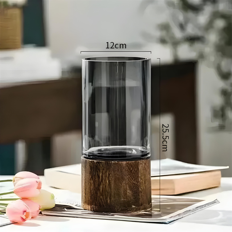 Vase en Verre Noir Cylindrique | Moderne et Décoratif avec Base en Bois Élégante