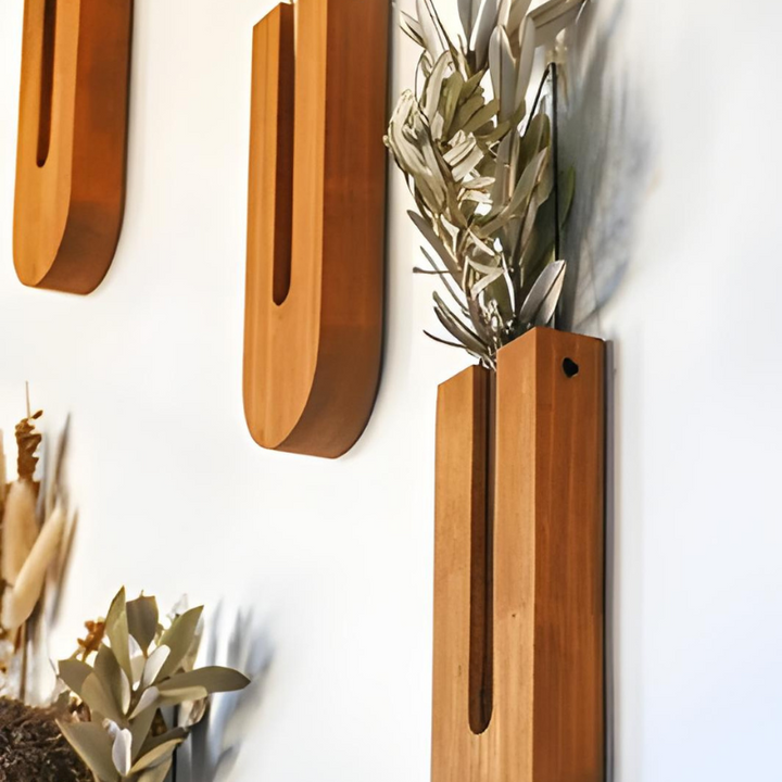 Vase à Fleurs Mural Scandinave Naturelle en Bois de Pin | Design Minimaliste et Décoratif