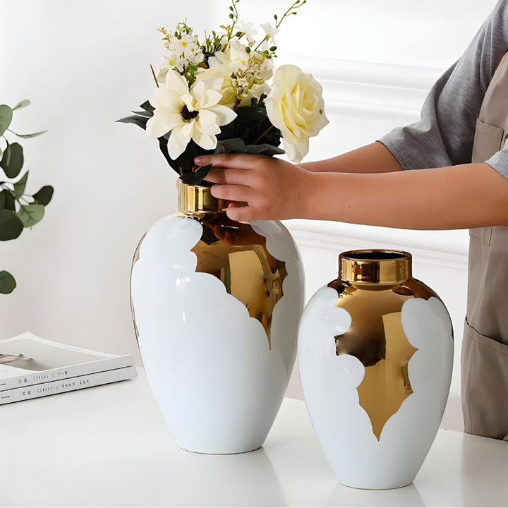 Vase à Fleurs Blanc et Doré | Élégance Moderne en Céramique