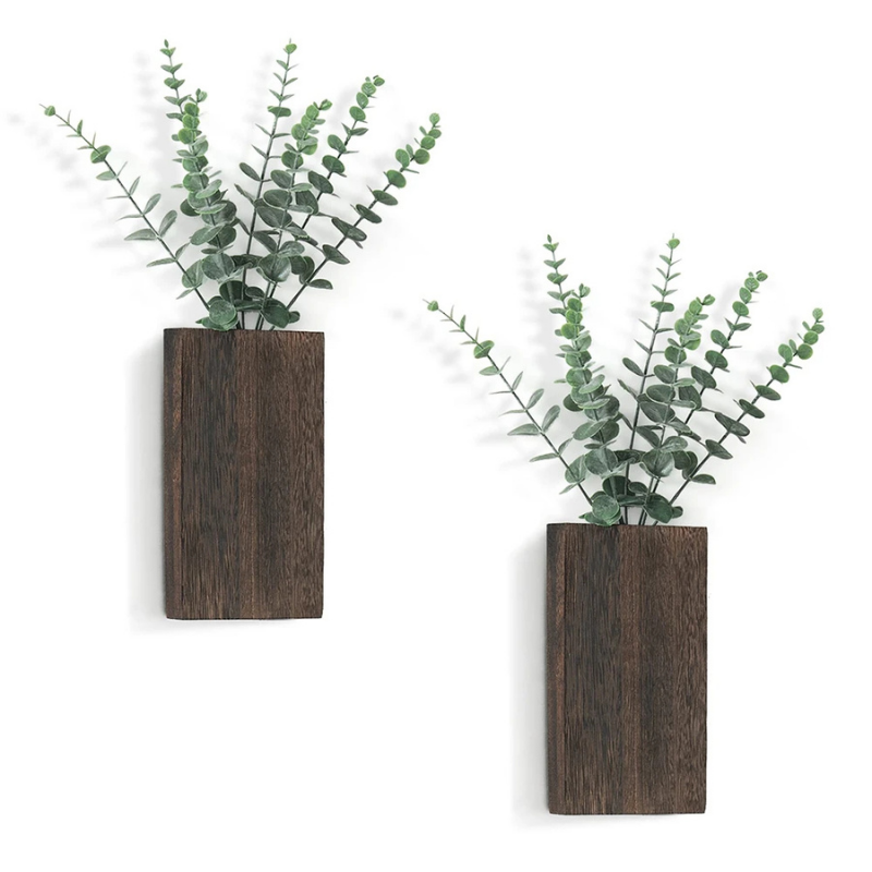 Vase Mural Rustique en Bois Foncé Décoratif avec Eucalyptus Artificiel Inclus