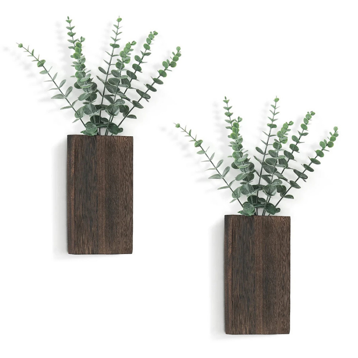 Vase Mural Rustique en Bois Foncé Décoratif avec Eucalyptus Artificiel Inclus