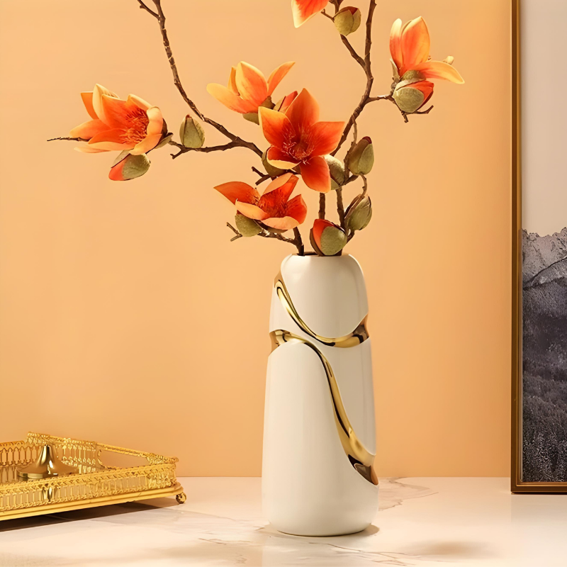 Vase Blanc Décoratif Moderne en Céramique | Finition Plaqué Or Élégante