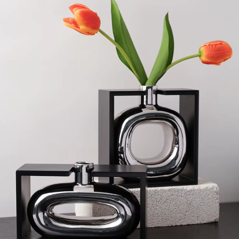 Vase à Fleurs Moderne en Céramique | Design Cadre Argenté Décoratif