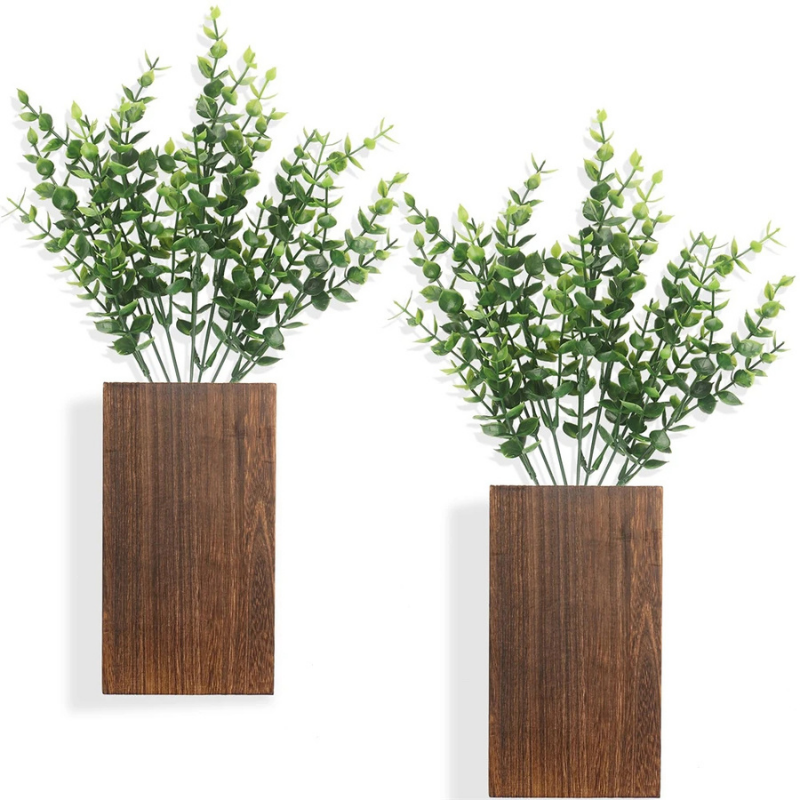 Vase Mural Rustique en Bois Foncé Décoratif avec Eucalyptus Artificiel Inclus