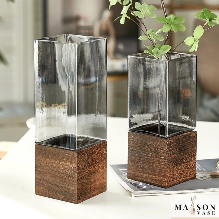 Vase Scandinave Transparent | Base Bois Naturel