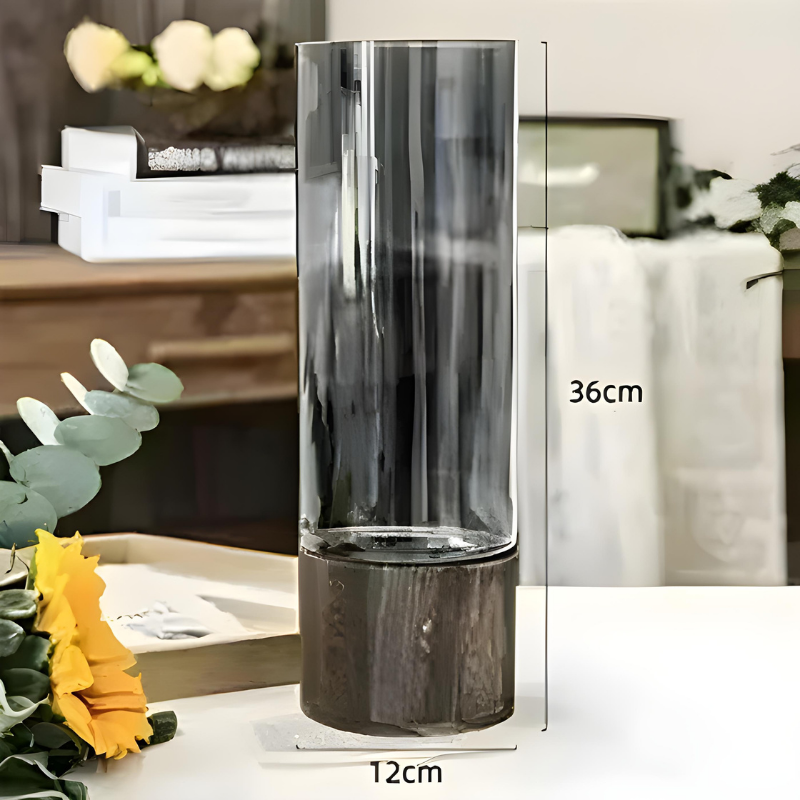 Vase en Verre Noir Cylindrique | Moderne et Décoratif avec Base en Bois Élégante