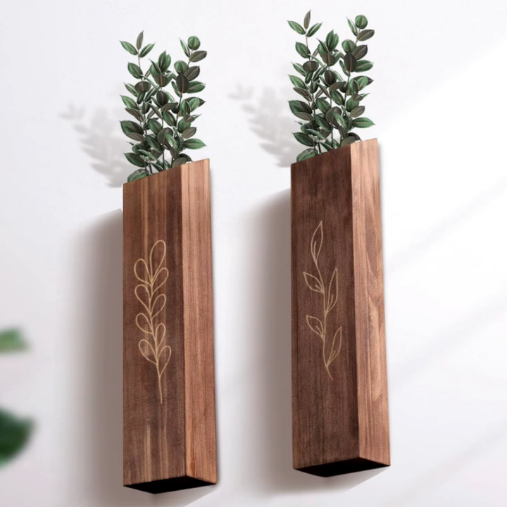 Grand Vase à Fleurs Mural en Bois Sculpté | Style Bohème Naturel