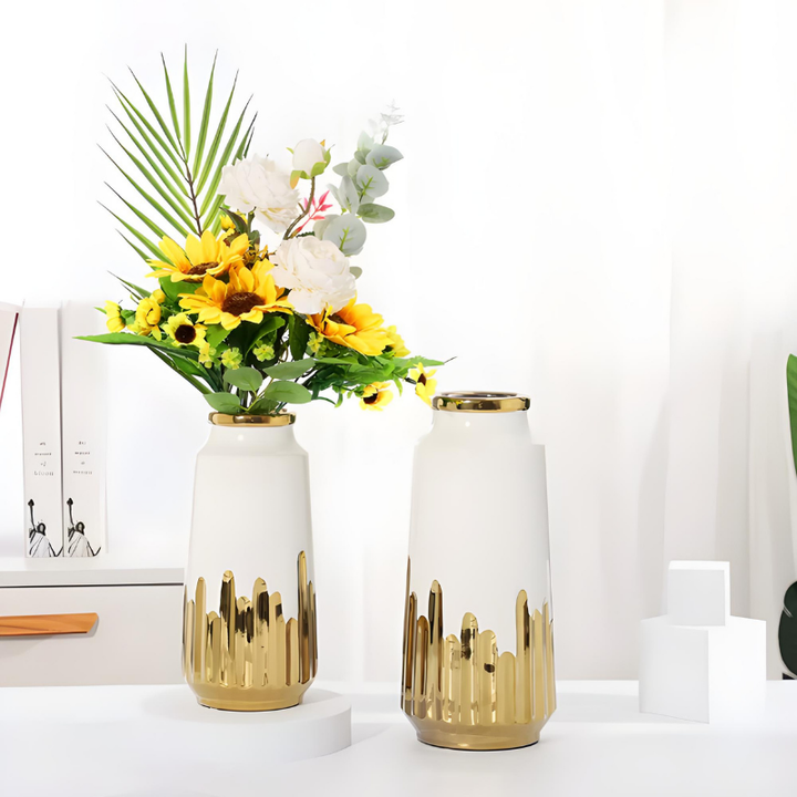 Grand Vase à Fleurs en Céramique | Design Moderne et Finitions Dorées