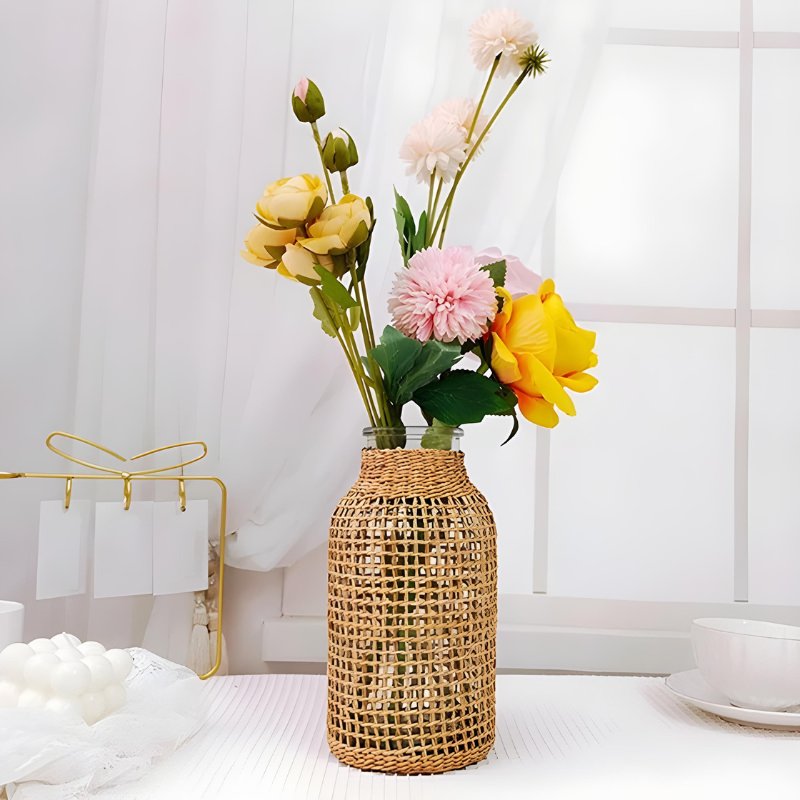 Petit Vase en Verre et Osier | Élégance Tressée Naturelle et Bohème