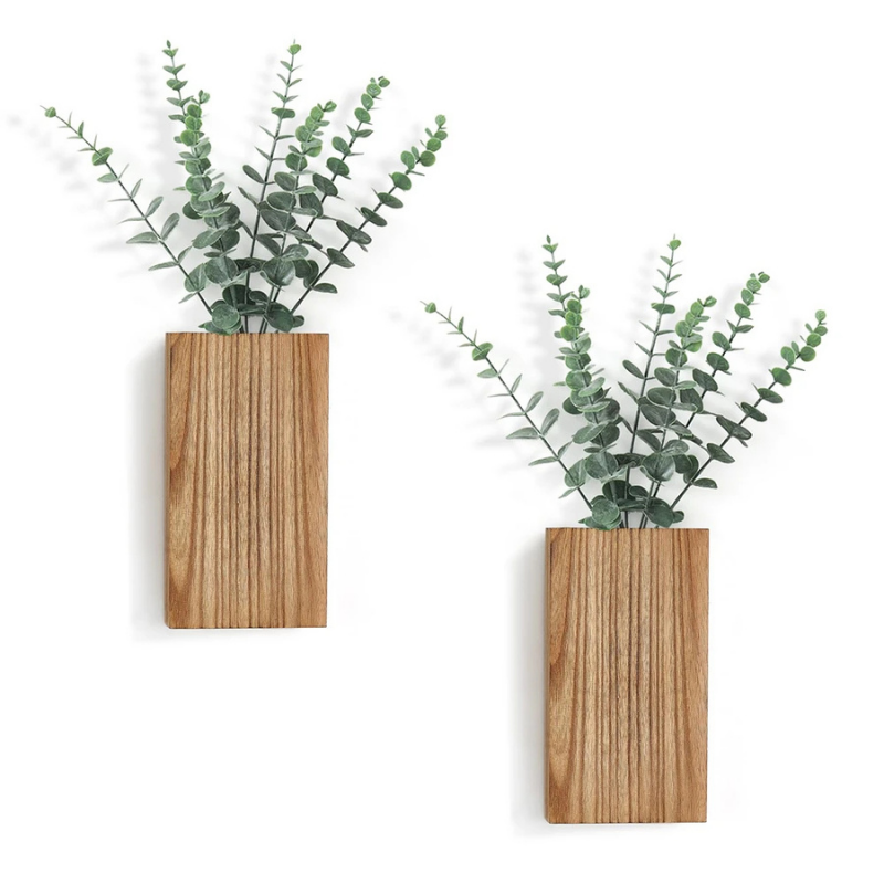 Vase Mural Rustique en Bois Foncé Décoratif avec Eucalyptus Artificiel Inclus