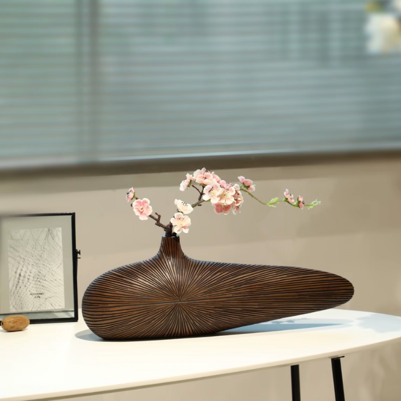 Vase à Fleurs Japonais Ovale Imitation Bois | Design Décoratif Moderne et Minimaliste