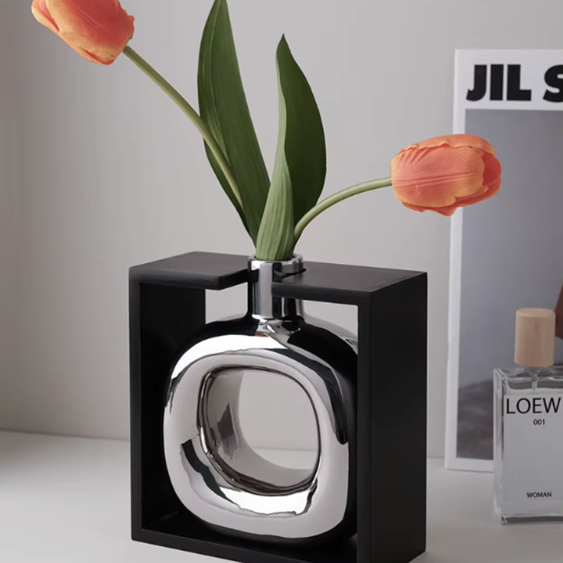 Vase à Fleurs Moderne en Céramique | Design Cadre Argenté Décoratif