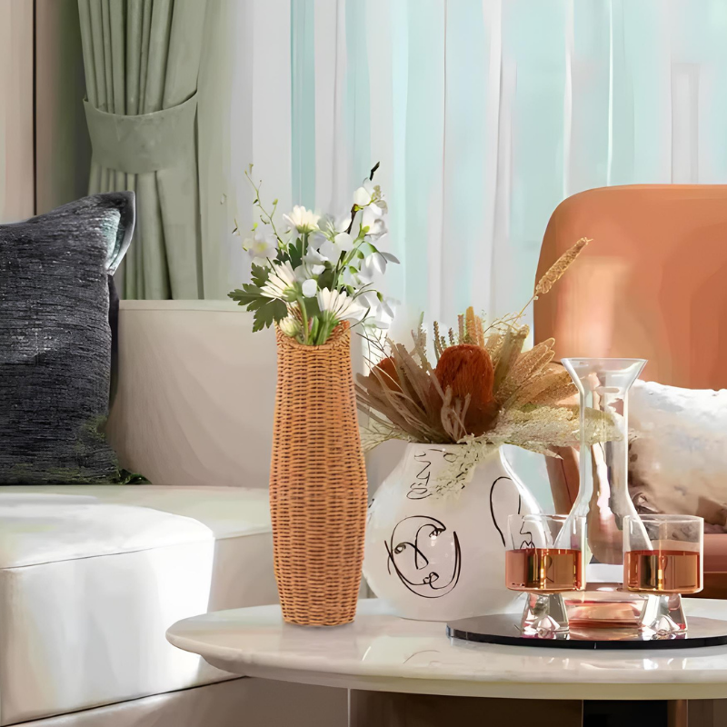 Grand Vase à Poser au Sol en Rotin Tressé | Style Naturel et Bohème