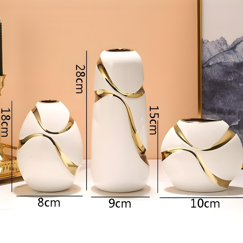 Vase Blanc Décoratif Moderne en Céramique | Finition Plaqué Or Élégante