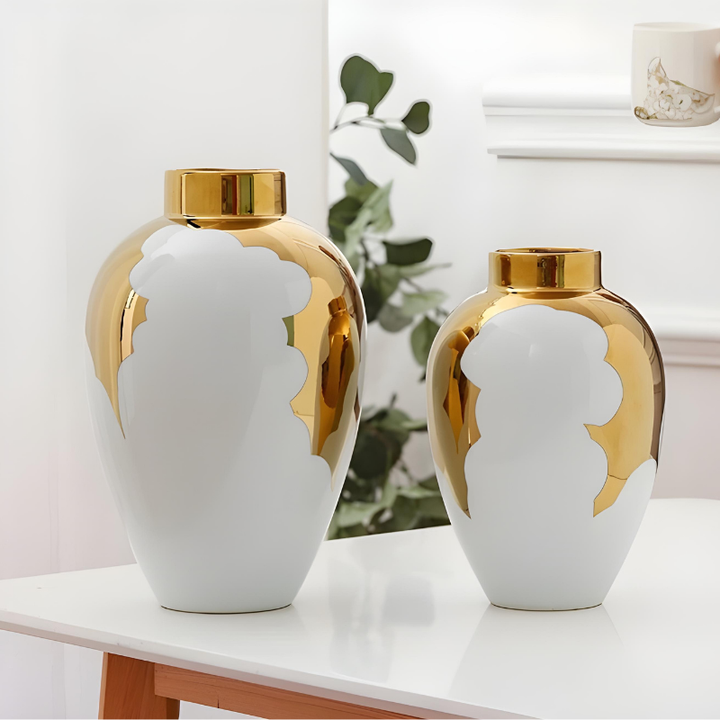Vase à Fleurs Blanc et Doré | Élégance Moderne en Céramique